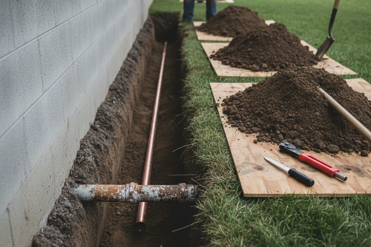 Excavated water line trench during Sewer Line Repair in Columbia